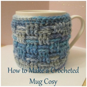 Collage crocheted mug cosy