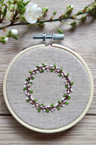 Embroidered Spring Wreath in an Embroidery Hoop